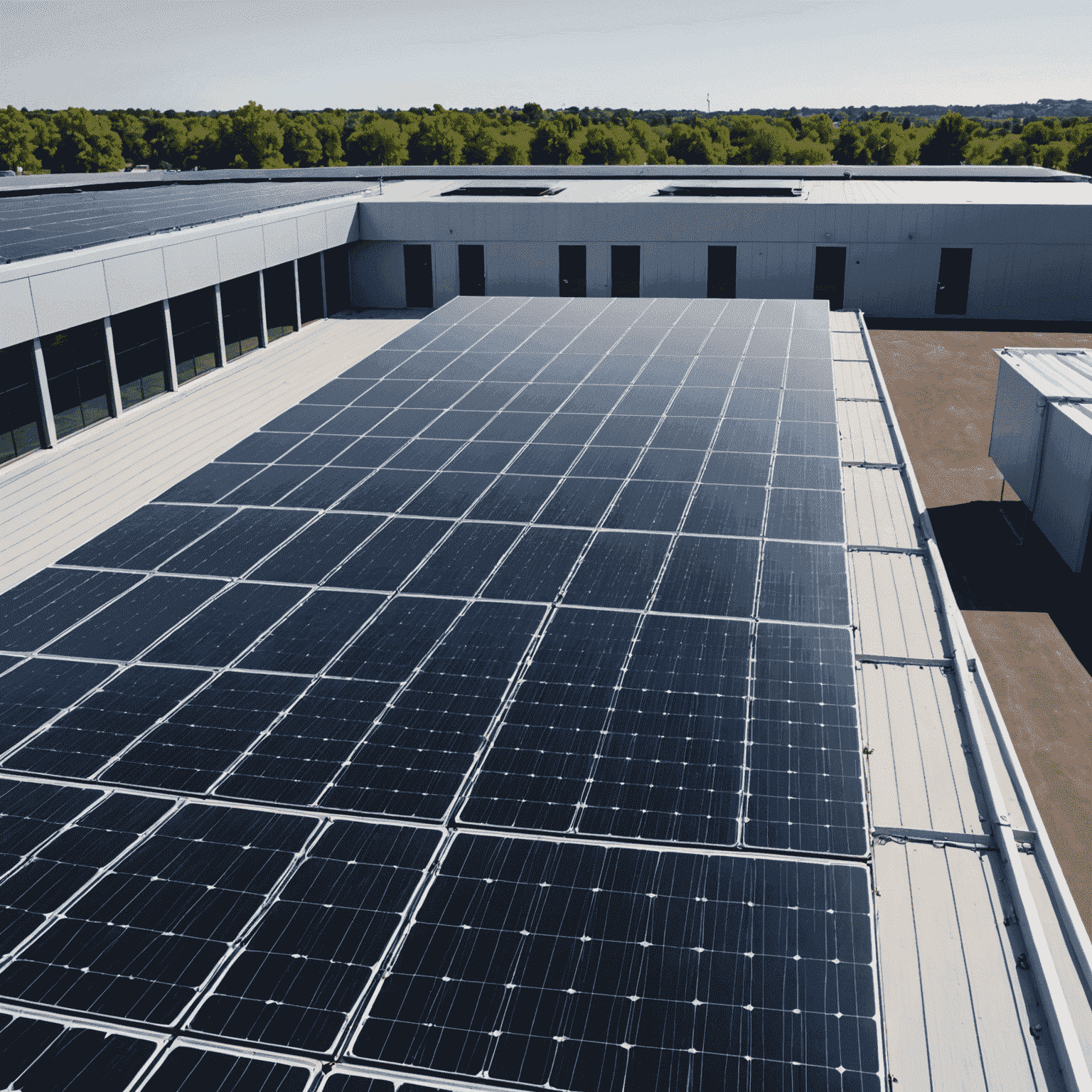 Solarpanele auf dem Dach eines Geschäftsgebäudes, die Sonnenenergie in Strom umwandeln